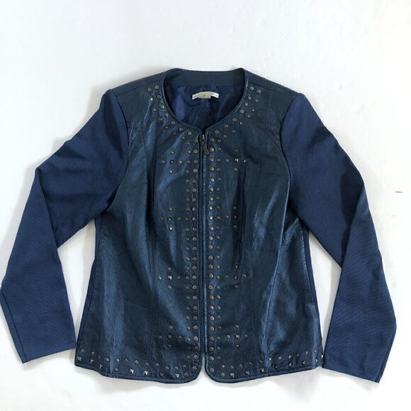 Peter Nygard Jackets & Blazers - Peter Nygard Blue Studded Leather Knit Zip Stretch Blazer Jacket Size M Gorpcore
